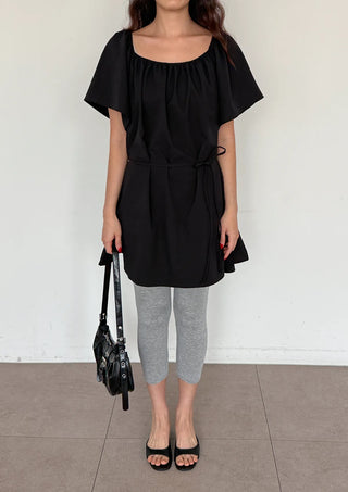 Berry Scarf Belt Square Neck Shirred Balloon Maternity Suitable Oversized Petite Layering  Summer Puff Sleeve Wedding Guest Short Sleeve Dress