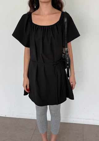 Berry Scarf Belt Square Neck Shirred Balloon Maternity Suitable Oversized Petite Layering  Summer Puff Sleeve Wedding Guest Short Sleeve Dress