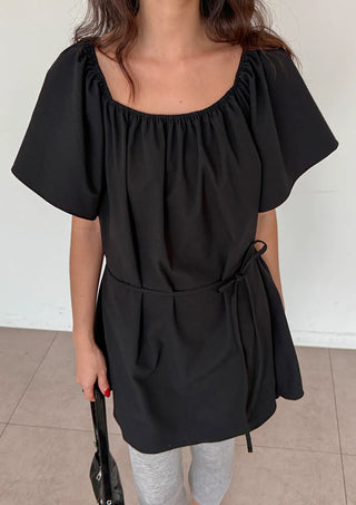Berry Scarf Belt Square Neck Shirred Balloon Maternity Suitable Oversized Petite Layering  Summer Puff Sleeve Wedding Guest Short Sleeve Dress