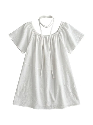 Berry Scarf Belt Square Neck Shirred Balloon Maternity Suitable Oversized Petite Layering  Summer Puff Sleeve Wedding Guest Short Sleeve Dress