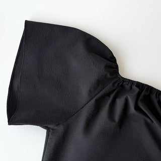 Berry Scarf Belt Square Neck Shirred Balloon Maternity Suitable Oversized Petite Layering  Summer Puff Sleeve Wedding Guest Short Sleeve Dress