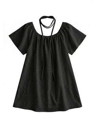 Berry Scarf Belt Square Neck Shirred Balloon Maternity Suitable Oversized Petite Layering  Summer Puff Sleeve Wedding Guest Short Sleeve Dress
