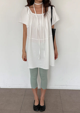 Berry Scarf Belt Square Neck Shirred Balloon Maternity Suitable Oversized Petite Layering  Summer Puff Sleeve Wedding Guest Short Sleeve Dress