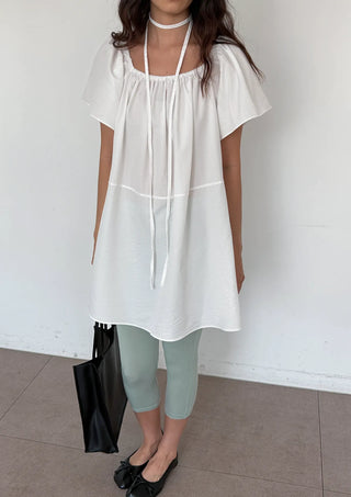 Berry Scarf Belt Square Neck Shirred Balloon Maternity Suitable Oversized Petite Layering  Summer Puff Sleeve Wedding Guest Short Sleeve Dress