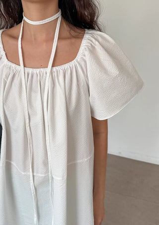 Berry Scarf Belt Square Neck Shirred Balloon Maternity Suitable Oversized Petite Layering  Summer Puff Sleeve Wedding Guest Short Sleeve Dress
