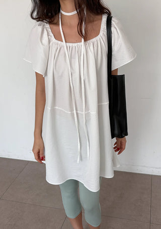 Berry Scarf Belt Square Neck Shirred Balloon Maternity Suitable Oversized Petite Layering  Summer Puff Sleeve Wedding Guest Short Sleeve Dress