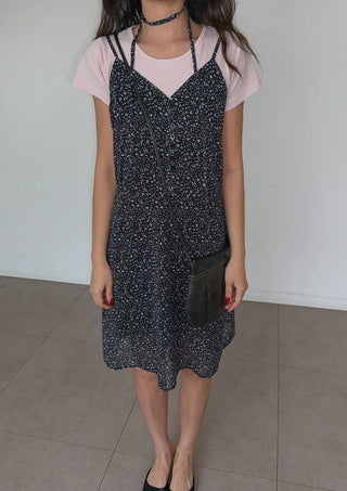 Olive Flower Chiffon Petit Floral Midi Long Bustier Layered V-Neck Button Summer  Dress