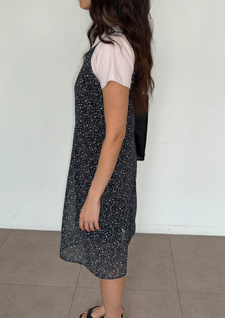 Olive Flower Chiffon Petit Floral Midi Long Bustier Layered V-Neck Button Summer  Dress
