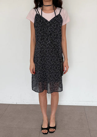 Olive Flower Chiffon Petit Floral Midi Long Bustier Layered V-Neck Button Summer  Dress