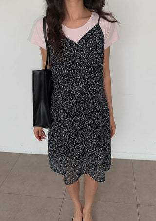 Olive Flower Chiffon Petit Floral Midi Long Bustier Layered V-Neck Button Summer  Dress