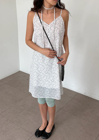 Olive Flower Chiffon Petit Floral Midi Long Bustier Layered V-Neck Button Summer  Dress