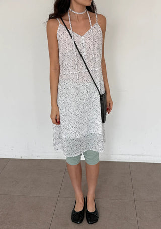 Olive Flower Chiffon Petit Floral Midi Long Bustier Layered V-Neck Button Summer  Dress