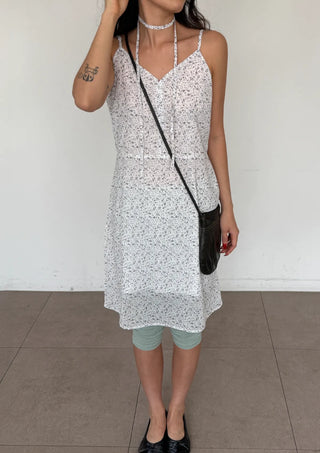 Olive Flower Chiffon Petit Floral Midi Long Bustier Layered V-Neck Button Summer  Dress