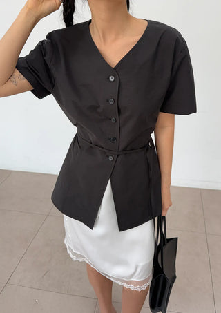 Bonne Wrap V-Neck BrandQual Jacket Two-Way Puff Shirred Wrap Arm Cover Wedding Guest Summer Short Sleeve Blouse