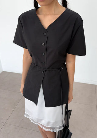 Bonne Wrap V-Neck BrandQual Jacket Two-Way Puff Shirred Wrap Arm Cover Wedding Guest Summer Short Sleeve Blouse