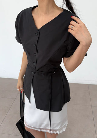 Bonne Wrap V-Neck BrandQual Jacket Two-Way Puff Shirred Wrap Arm Cover Wedding Guest Summer Short Sleeve Blouse
