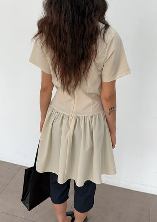 Ore Wrap Layered Flare A-Line Summer Oversized Arm Cover Crinkle Tie Round Neck  Wedding Guest Mini Dress
