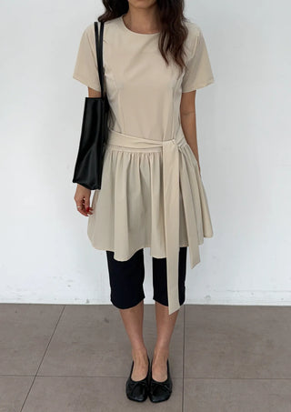 Ore Wrap Layered Flare A-Line Summer Oversized Arm Cover Crinkle Tie Round Neck  Wedding Guest Mini Dress