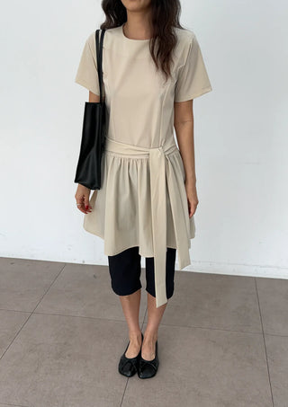 Ore Wrap Layered Flare A-Line Summer Oversized Arm Cover Crinkle Tie Round Neck  Wedding Guest Mini Dress