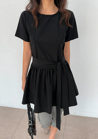 Ore Wrap Layered Flare A-Line Summer Oversized Arm Cover Crinkle Tie Round Neck  Wedding Guest Mini Dress