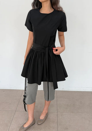 Ore Wrap Layered Flare A-Line Summer Oversized Arm Cover Crinkle Tie Round Neck  Wedding Guest Mini Dress