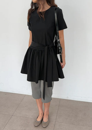 Ore Wrap Layered Flare A-Line Summer Oversized Arm Cover Crinkle Tie Round Neck  Wedding Guest Mini Dress