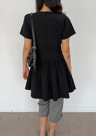 Ore Wrap Layered Flare A-Line Summer Oversized Arm Cover Crinkle Tie Round Neck  Wedding Guest Mini Dress