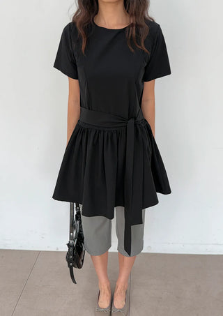 Ore Wrap Layered Flare A-Line Summer Oversized Arm Cover Crinkle Tie Round Neck  Wedding Guest Mini Dress