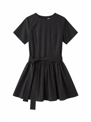 Ore Wrap Layered Flare A-Line Summer Oversized Arm Cover Crinkle Tie Round Neck  Wedding Guest Mini Dress