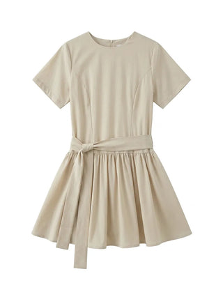 Ore Wrap Layered Flare A-Line Summer Oversized Arm Cover Crinkle Tie Round Neck  Wedding Guest Mini Dress