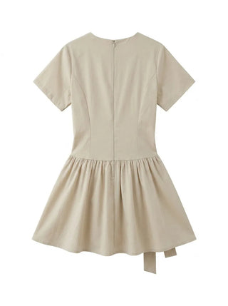 Ore Wrap Layered Flare A-Line Summer Oversized Arm Cover Crinkle Tie Round Neck  Wedding Guest Mini Dress