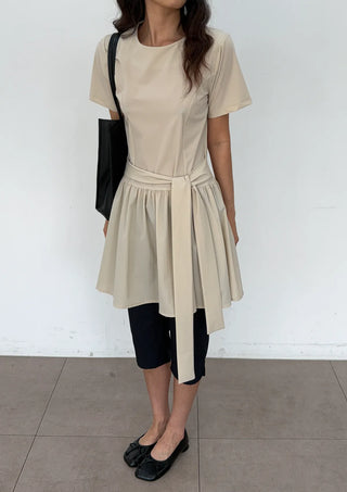 Ore Wrap Layered Flare A-Line Summer Oversized Arm Cover Crinkle Tie Round Neck  Wedding Guest Mini Dress