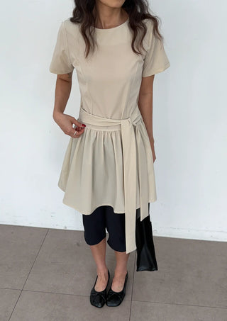 Ore Wrap Layered Flare A-Line Summer Oversized Arm Cover Crinkle Tie Round Neck  Wedding Guest Mini Dress