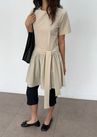 Ore Wrap Layered Flare A-Line Summer Oversized Arm Cover Crinkle Tie Round Neck  Wedding Guest Mini Dress