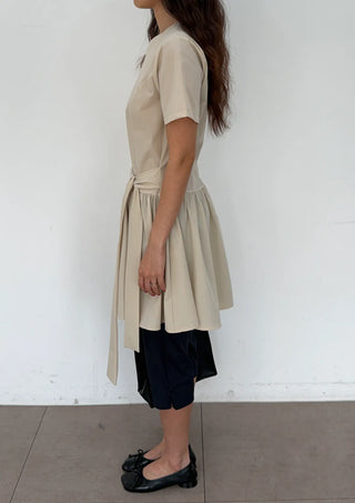 Ore Wrap Layered Flare A-Line Summer Oversized Arm Cover Crinkle Tie Round Neck  Wedding Guest Mini Dress