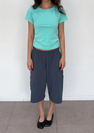 Noir Bermuda Wide 34 Length Capri Elastic Waist Pigment Domestic Tape Summer Elastic Waist Pants