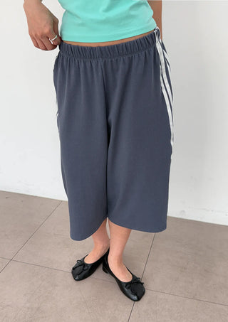 Noir Bermuda Wide 34 Length Capri Elastic Waist Pigment Domestic Tape Summer Elastic Waist Pants