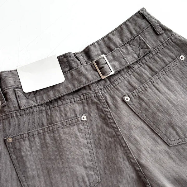 Cashmere Capri Herringbone Roll-up Semi-Wide Back Belt Summer 34 Length Pants