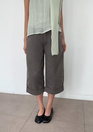 Cashmere Capri Herringbone Roll-up Semi-Wide Back Belt Summer 34 Length Pants