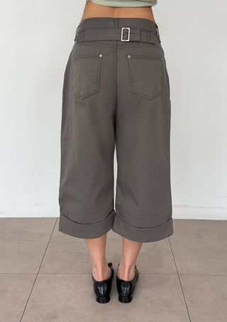 Cashmere Capri Herringbone Roll-up Semi-Wide Back Belt Summer 34 Length Pants