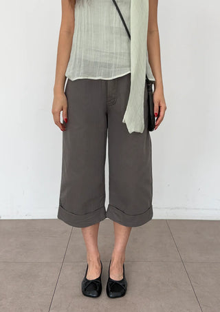 Cashmere Capri Herringbone Roll-up Semi-Wide Back Belt Summer 34 Length Pants