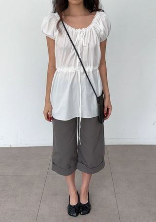 Cashmere Capri Herringbone Roll-up Semi-Wide Back Belt Summer 34 Length Pants