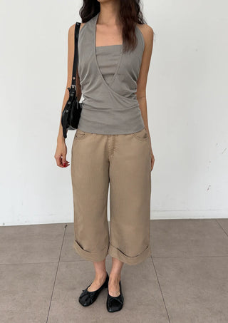 Cashmere Capri Herringbone Roll-up Semi-Wide Back Belt Summer 34 Length Pants