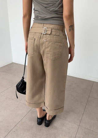 Cashmere Capri Herringbone Roll-up Semi-Wide Back Belt Summer 34 Length Pants