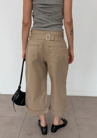 Cashmere Capri Herringbone Roll-up Semi-Wide Back Belt Summer 34 Length Pants
