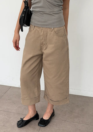 Cashmere Capri Herringbone Roll-up Semi-Wide Back Belt Summer 34 Length Pants