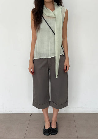 Cashmere Capri Herringbone Roll-up Semi-Wide Back Belt Summer 34 Length Pants
