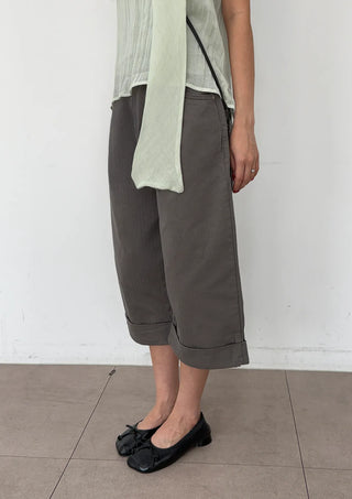 Cashmere Capri Herringbone Roll-up Semi-Wide Back Belt Summer 34 Length Pants