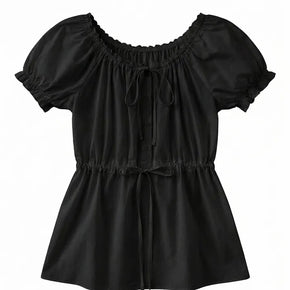 Barbie Puff Shirred Adjustable Waistband Half Long Summer Lace Short Sleeve Round Neck Blouse