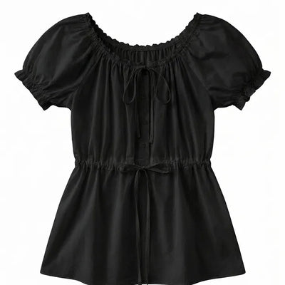 Barbie Puff Shirred Adjustable Waistband Half Long Summer Lace Short Sleeve Round Neck Blouse